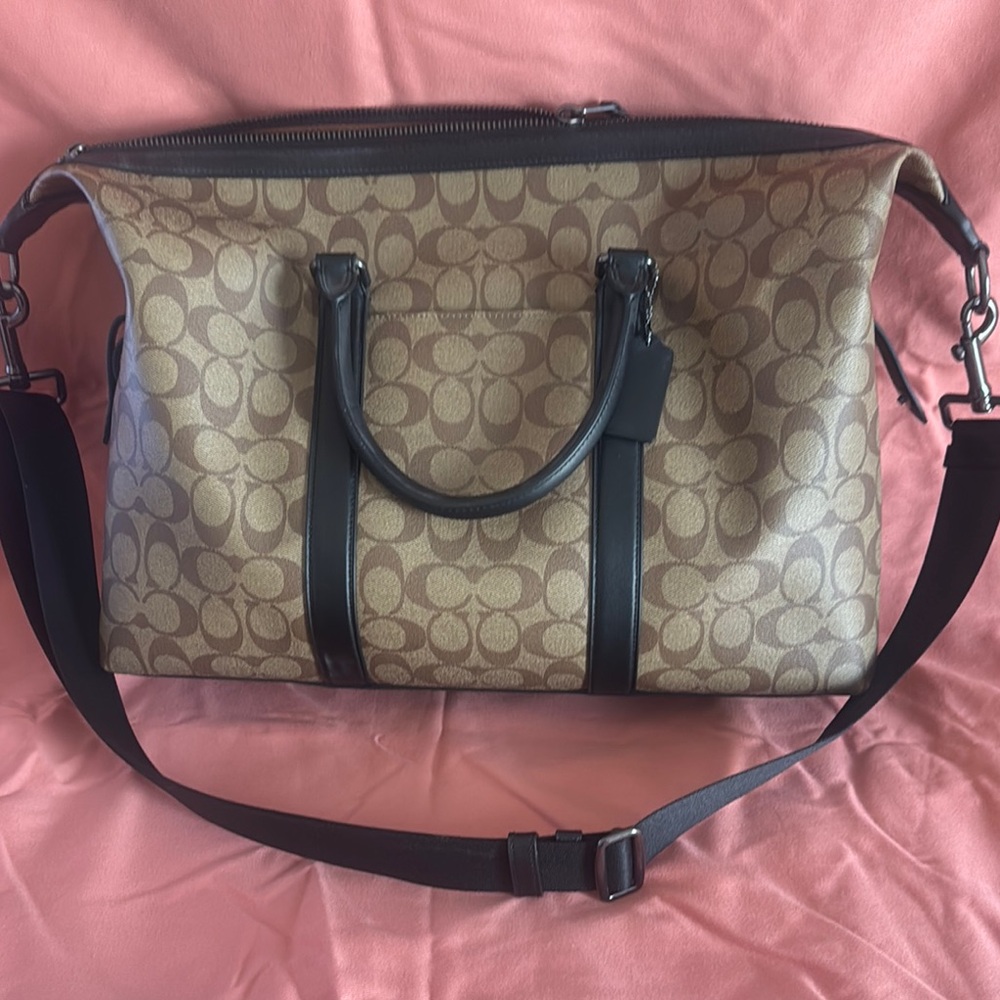 Coach Signature Tan and Black Duffel Bag